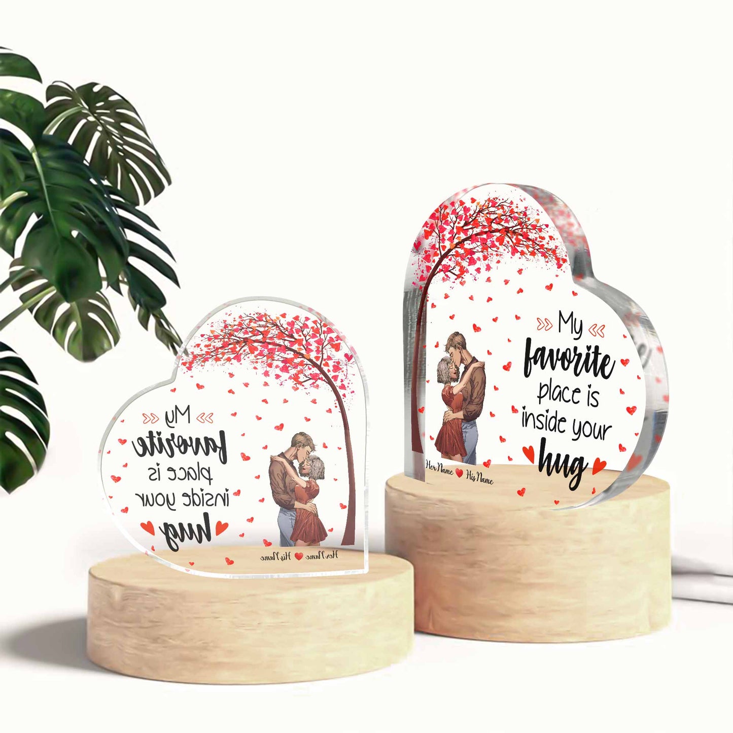 Mein Lieblingsplatz ist in deiner Umarmung – personalisierte Acrylplakette in individueller Pärchenform