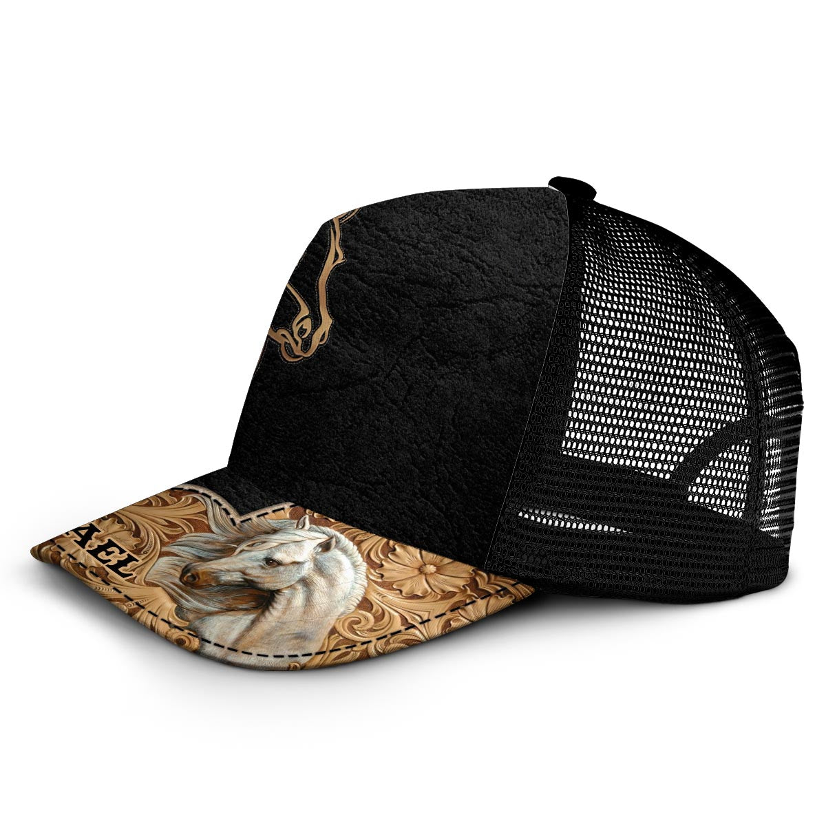 Liebe Pferde – Personalisierte Trucker-Kappe mit Pferdemotiv (Schwarzes Netzgewebe)