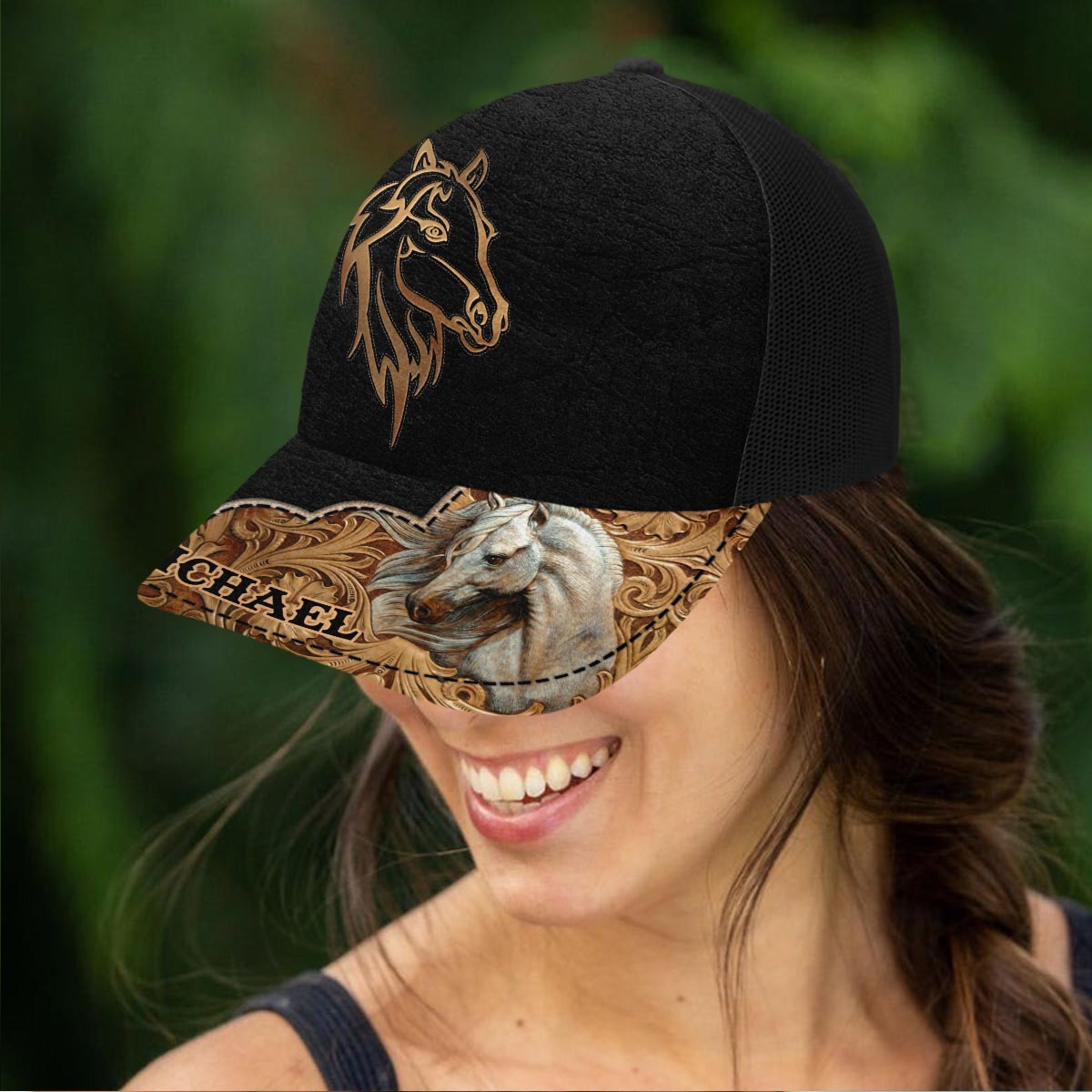 Liebe Pferde – Personalisierte Trucker-Kappe mit Pferdemotiv (Schwarzes Netzgewebe)