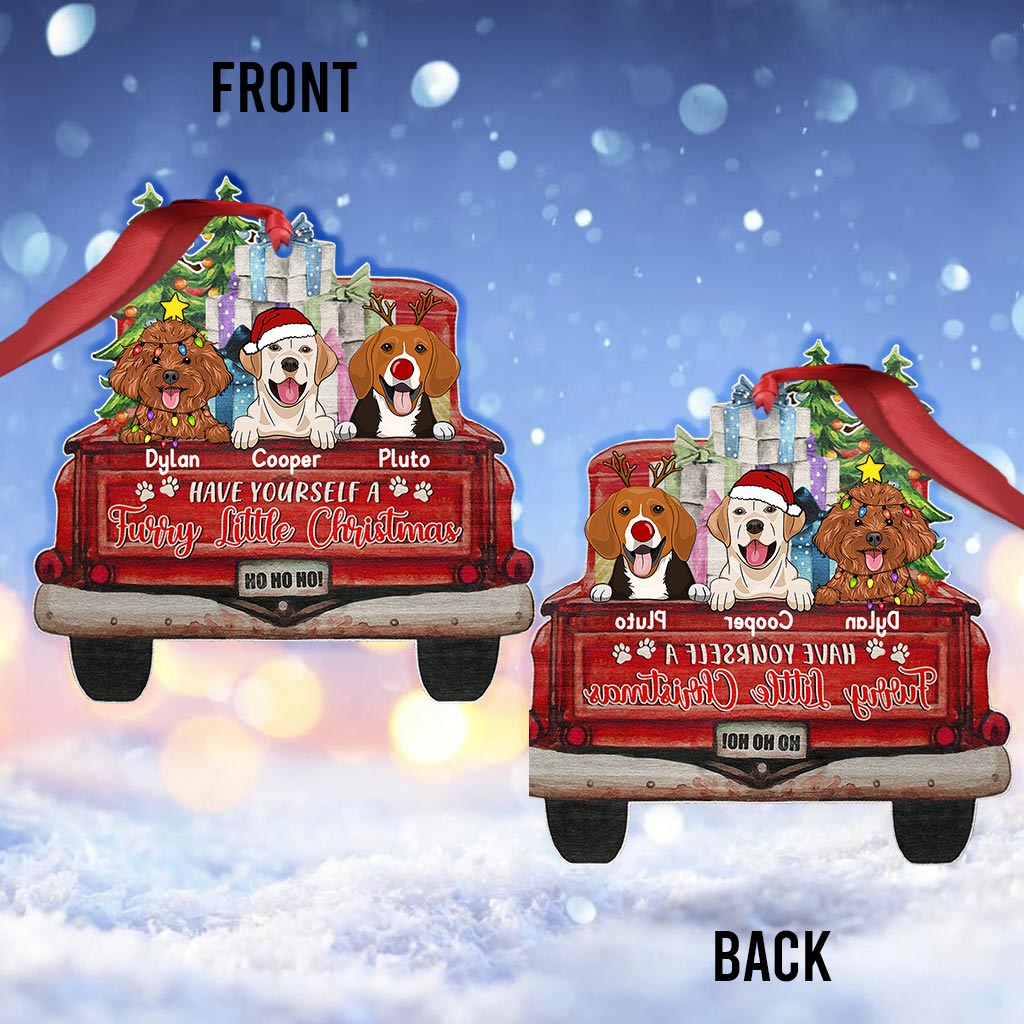 Flauschiger kleiner Weihnachtsschmuck – Personalisierter Weihnachtshund (beidseitig bedruckt)