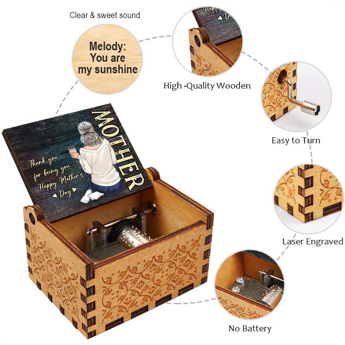 Danke, dass du so bist, wie du bist – Personalisierte Muttertags-Spieluhr mit Handkurbel