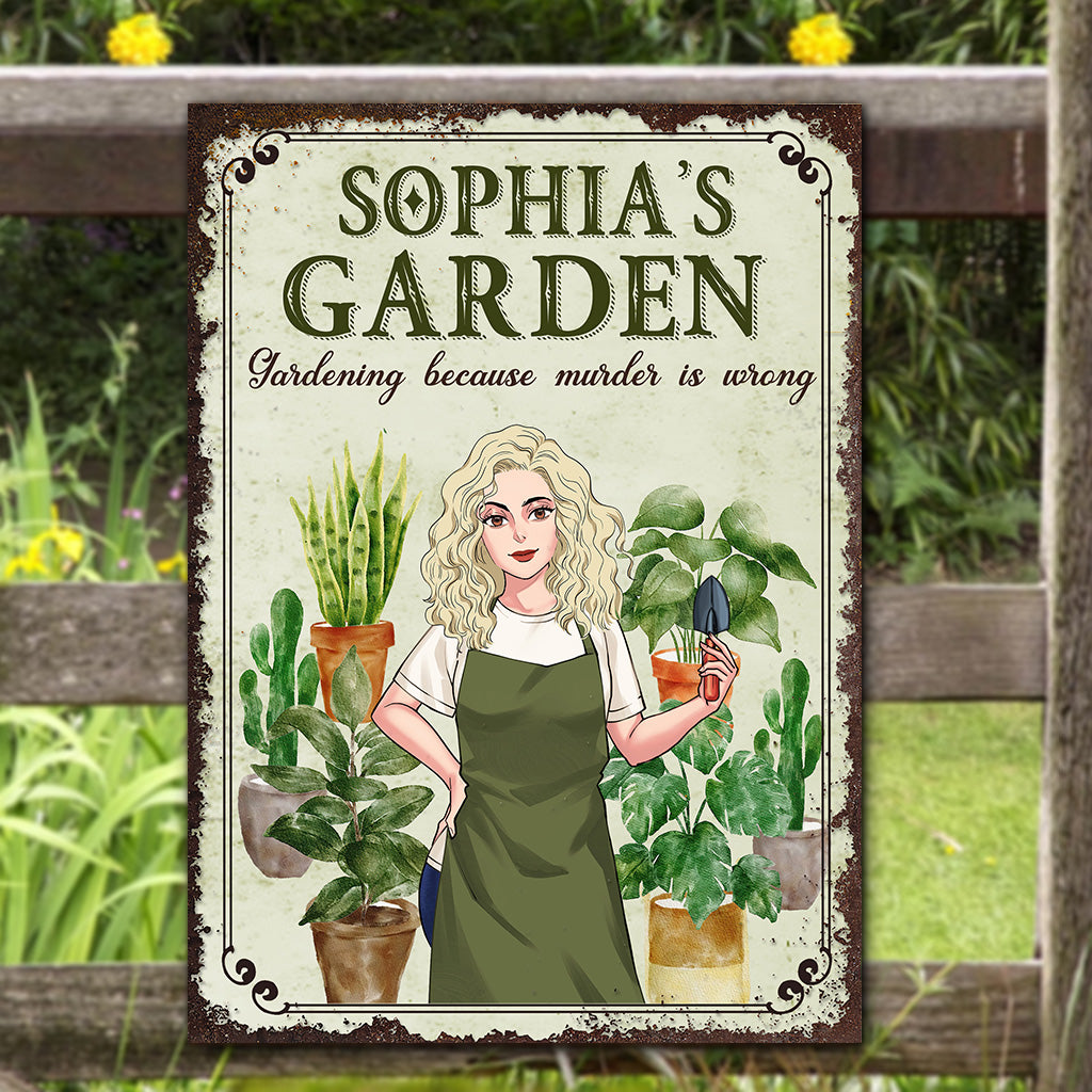 Gärtnern, weil Mord falsch ist – Personalisiertes rechteckiges Metallschild zum Thema Gärtnern