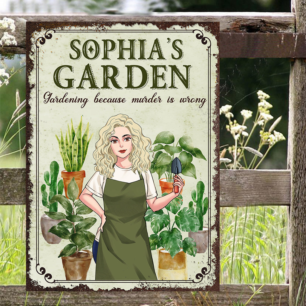 Gärtnern, weil Mord falsch ist – Personalisiertes rechteckiges Metallschild zum Thema Gärtnern