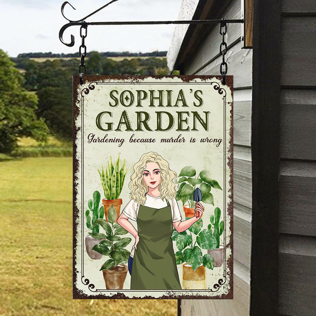 Gärtnern, weil Mord falsch ist – Personalisiertes rechteckiges Metallschild zum Thema Gärtnern