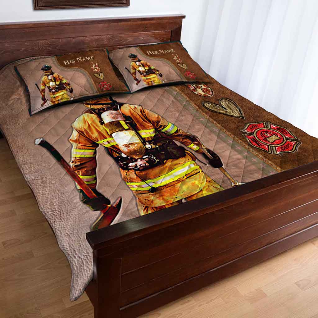 Come Home Safe - Personalized Firefighter Quilt Set With Leather Pattern Print