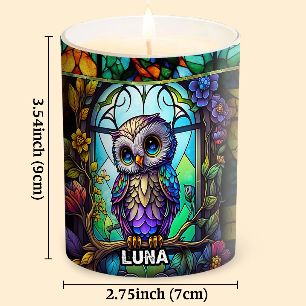 Bunte Eule – Personalisierte Eulenkerze mit Holzdeckel
