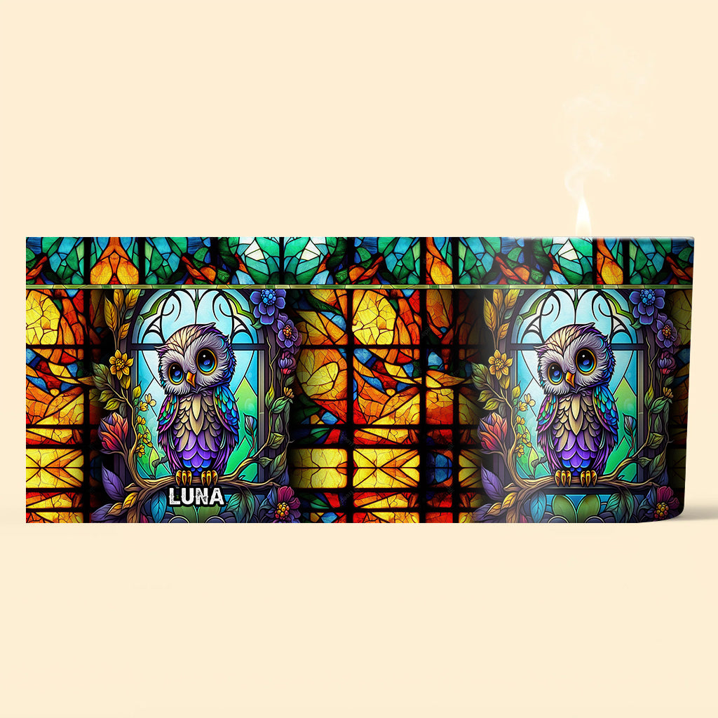 Bunte Eule – Personalisierte Eulenkerze mit Holzdeckel