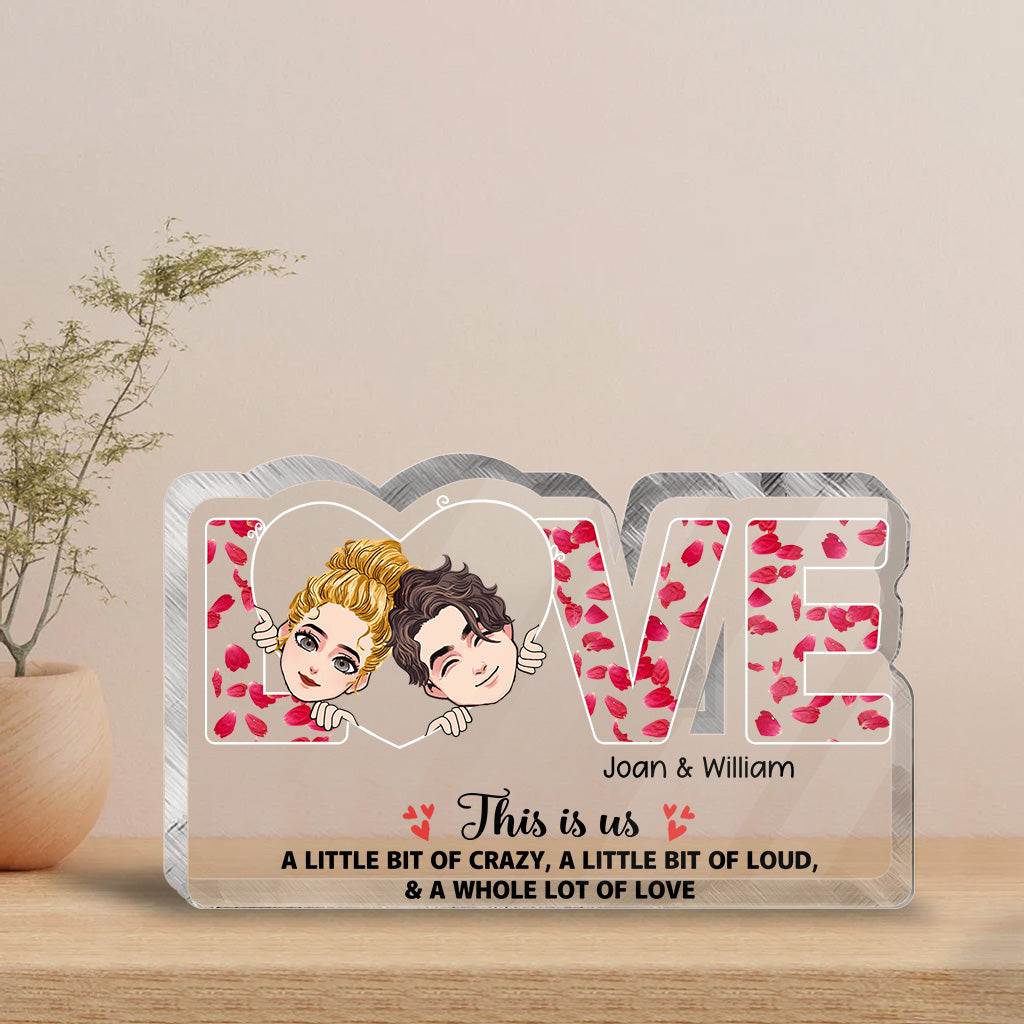 This Is Us – Geschenkidee für Paare (Ehemann, Ehefrau, Freund, Freundin, Hundeliebhaber) – Personalisierte Acrylplakette in individueller Form