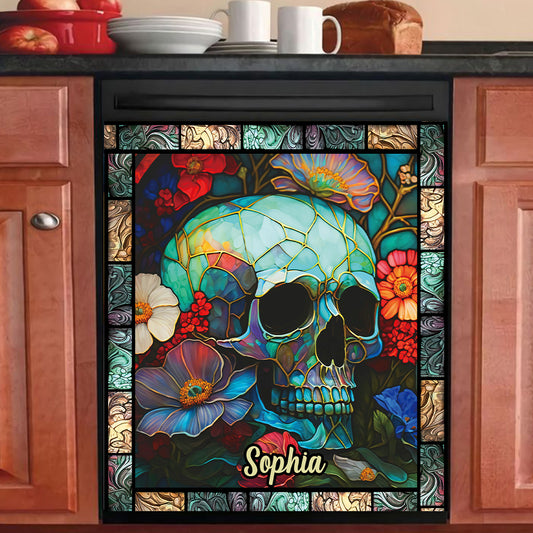 Personalisierter Geschirrspülerdeckel mit Totenkopf-Blumenmuster
