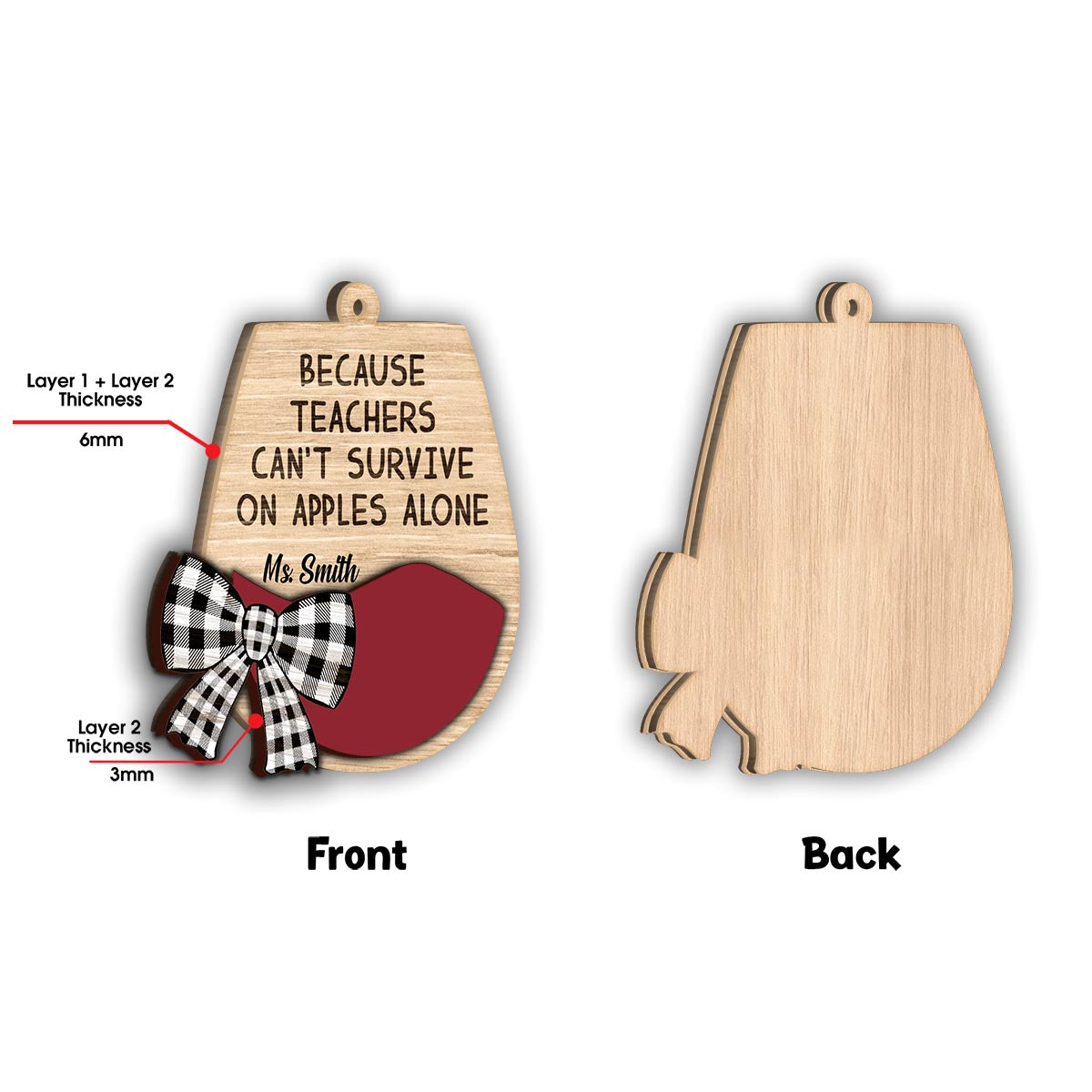 Weil Lehrer nicht nur von Äpfeln leben können – Personalisierter Lehrer-Weihnachtsbaumschmuck, 2-lagig