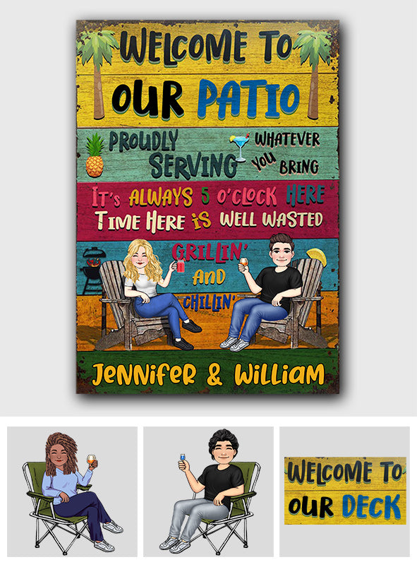 Willkommen auf unserer Terrasse – personalisiertes rechteckiges Metallschild für den Garten