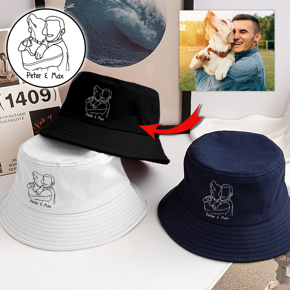 Individuelles Foto – Personalisierter, mit Hundemotiv bestickter Fischerhut