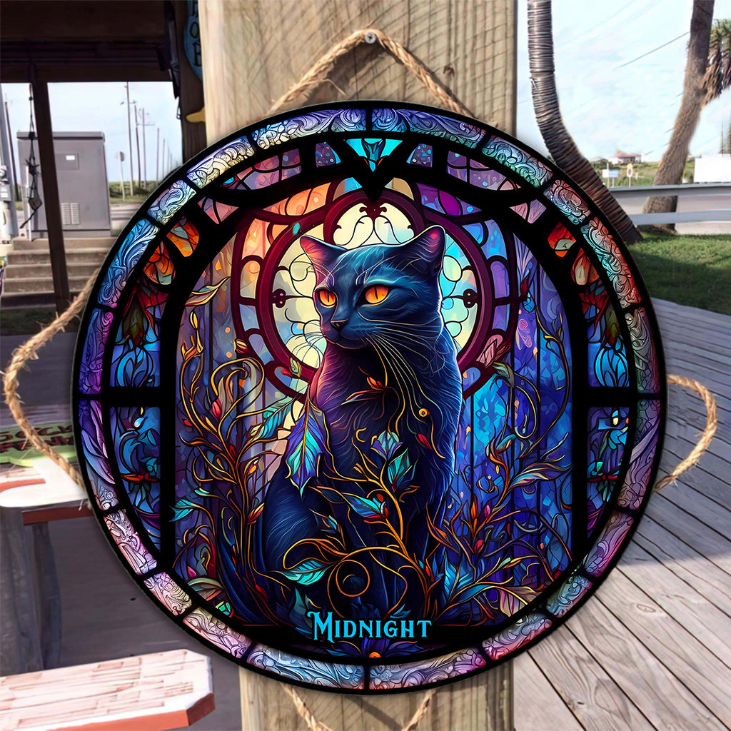 Schwarze Katze – Personalisiertes rundes Holzschild mit schwarzer Katze