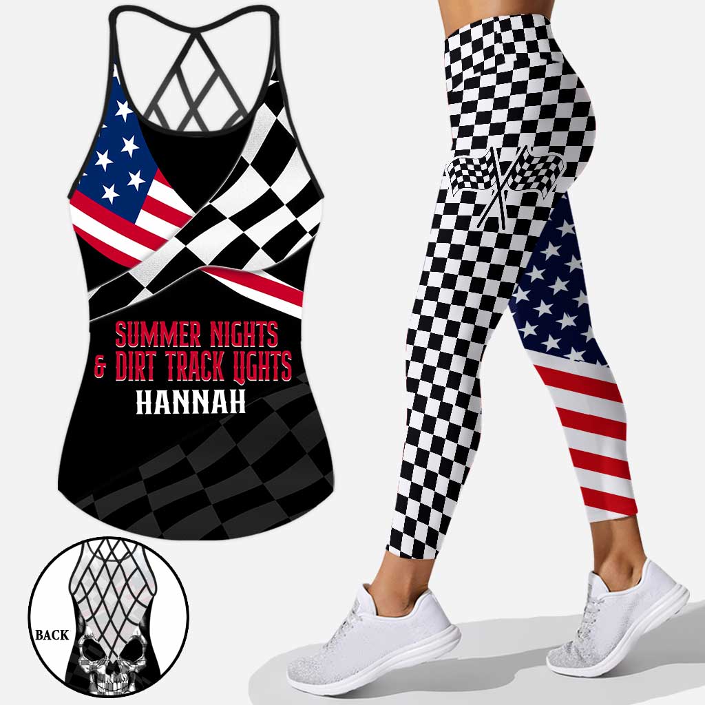 Sommernächte & Dirt-Track-Beleuchtung – Personalisiertes Tanktop und Leggings zum Unabhängigkeitstag mit Rennkreuz.