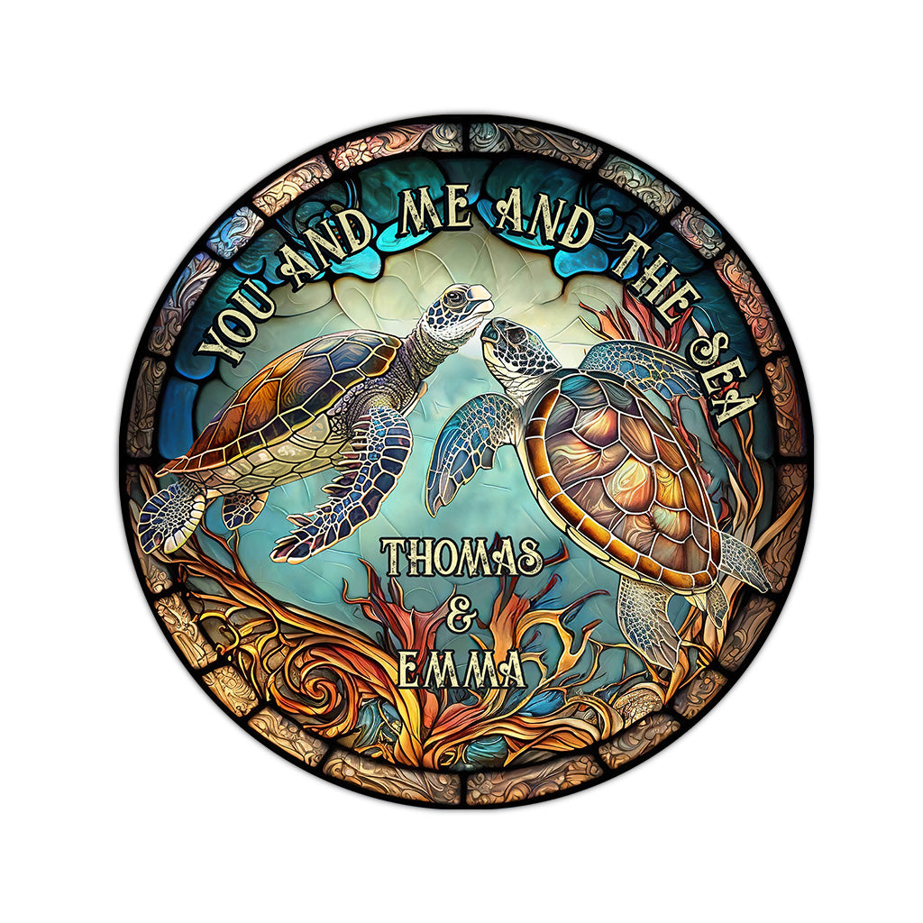 Colorful Turtle Couple - Personalized Turtle Round Rug