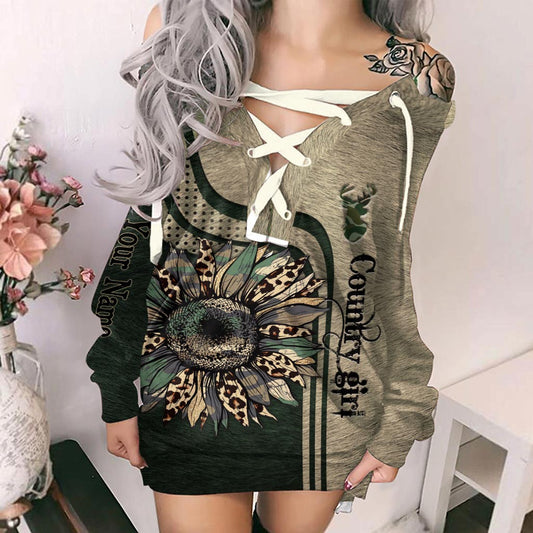 Country Girl - Personalisiertes Jagdkleid mit schulterfreiem Oberteil und langen Ärmeln