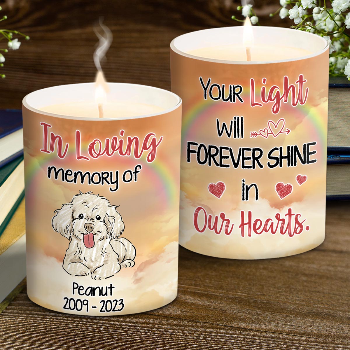 Dein Licht leuchtet in unseren Herzen – personalisierte Hundekerze mit Holzdeckel