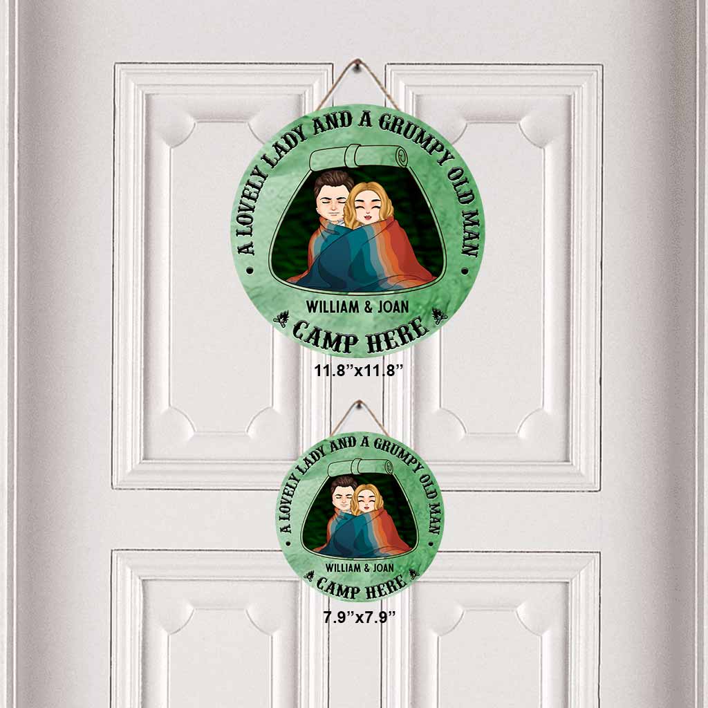A Lovely Lady Grumpy Old Man Camp Here - Personalized Couple Round Wood Sign