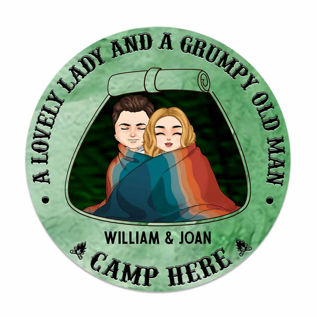 A Lovely Lady Grumpy Old Man Camp Here - Personalized Couple Round Wood Sign