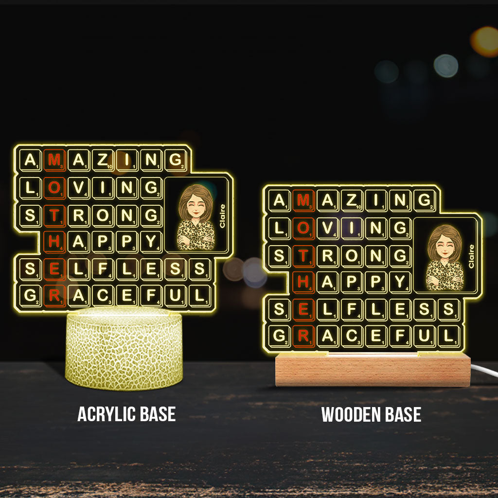 Scrabble-Spielstein „Mama“ – Personalisierte, mutterförmige Plakette mit Leuchtfuß zum Muttertag