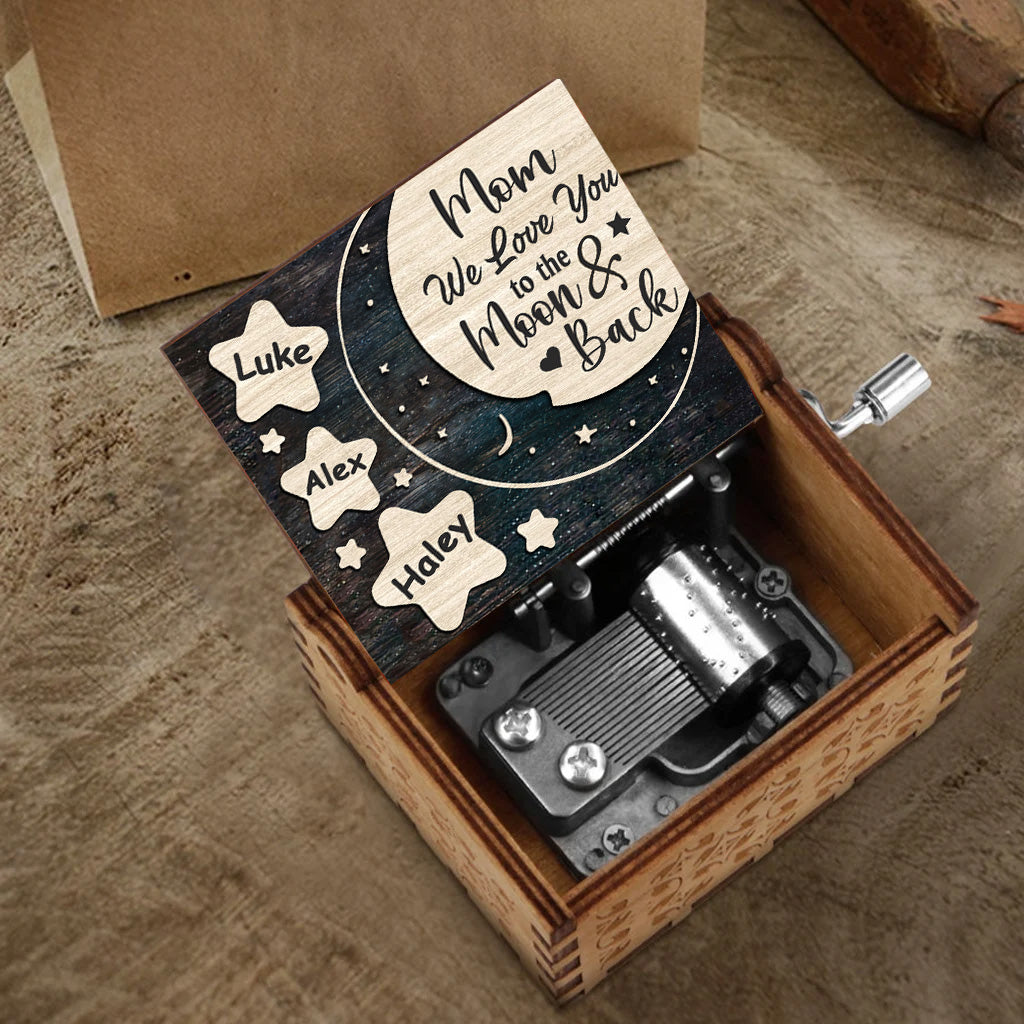 Ich liebe dich bis zum Mond und zurück – Geschenk für Mama, Oma, Papa, Opa – Personalisierte Spieluhr mit Handkurbel
