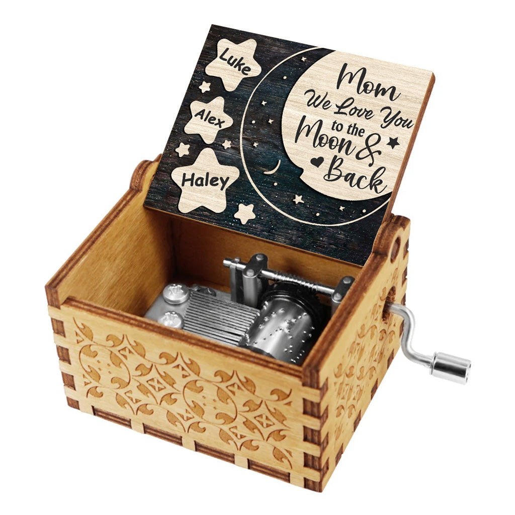 Ich liebe dich bis zum Mond und zurück – Geschenk für Mama, Oma, Papa, Opa – Personalisierte Spieluhr mit Handkurbel