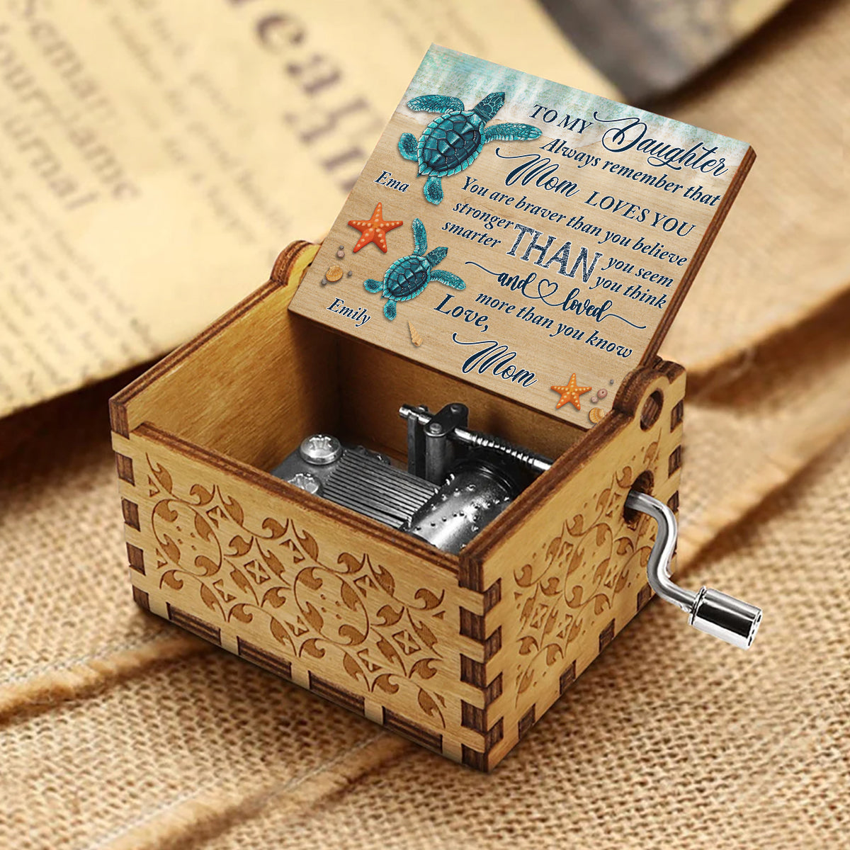 Vergiss das nie – Geschenk für Oma, Mama, Tochter, Enkelin, Sohn, Enkel, Opa, Papa – Personalisierte Spieluhr mit Handkurbel