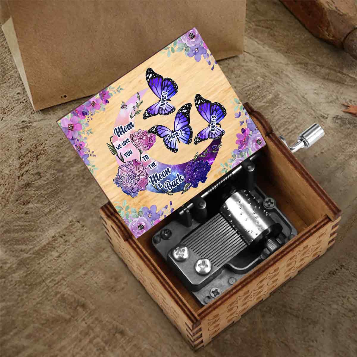 Ich liebe dich bis zum Mond und zurück – Personalisierte Muttertags-Spieluhr mit Handkurbel