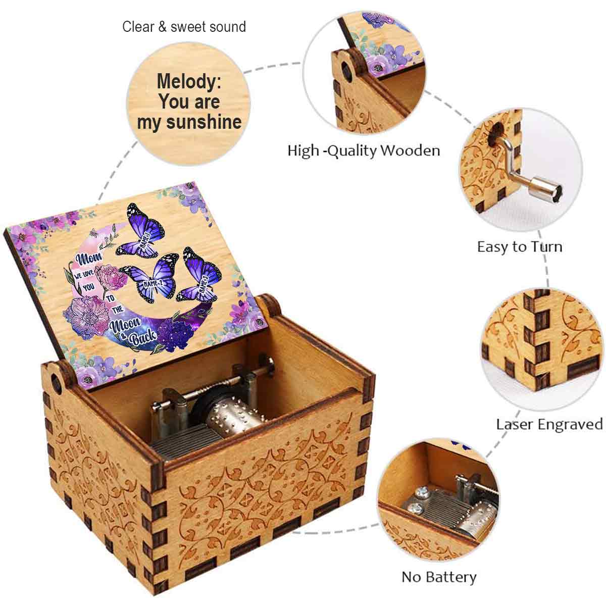 Ich liebe dich bis zum Mond und zurück – Personalisierte Muttertags-Spieluhr mit Handkurbel