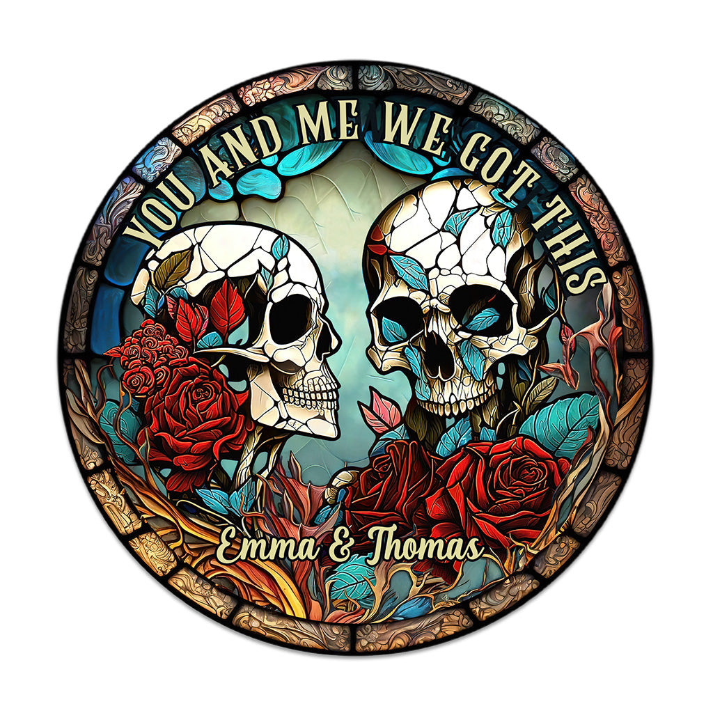 Totenkopf-Paar – Personalisiertes rundes Totenkopf-Holzschild