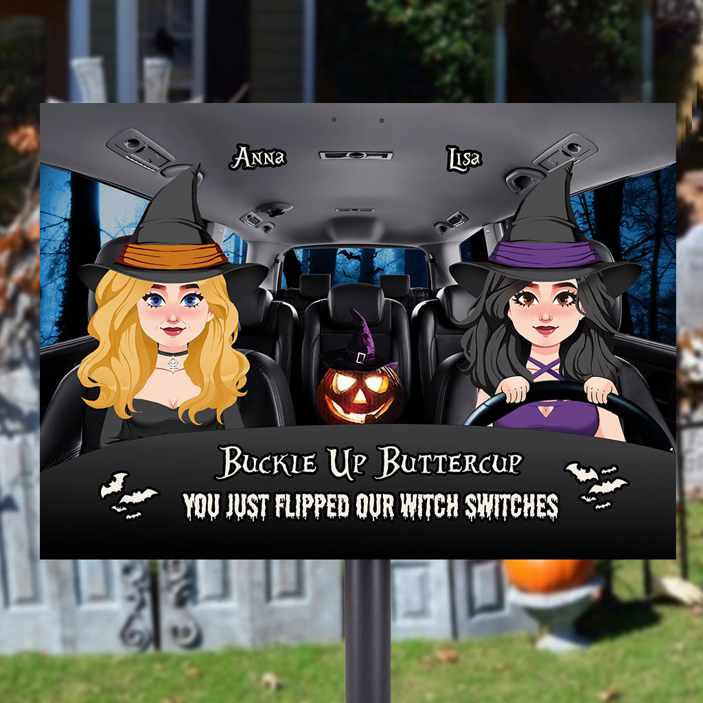 Schnalle dich an, Butterblume – Personalisiertes rechteckiges Hexen-Metallschild