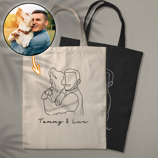 Individuelle Foto-Strichzeichnung – Personalisierte Tragetasche mit Hundestickerei