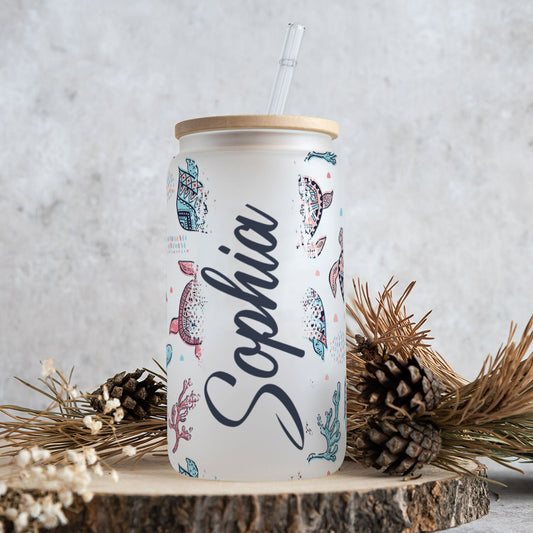 Rosa und blaue Schildkröte – personalisiertes Schildkröten-Trinkglas