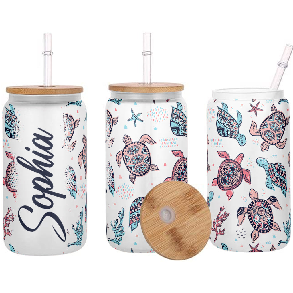 Rosa und blaue Schildkröte – personalisiertes Schildkröten-Trinkglas