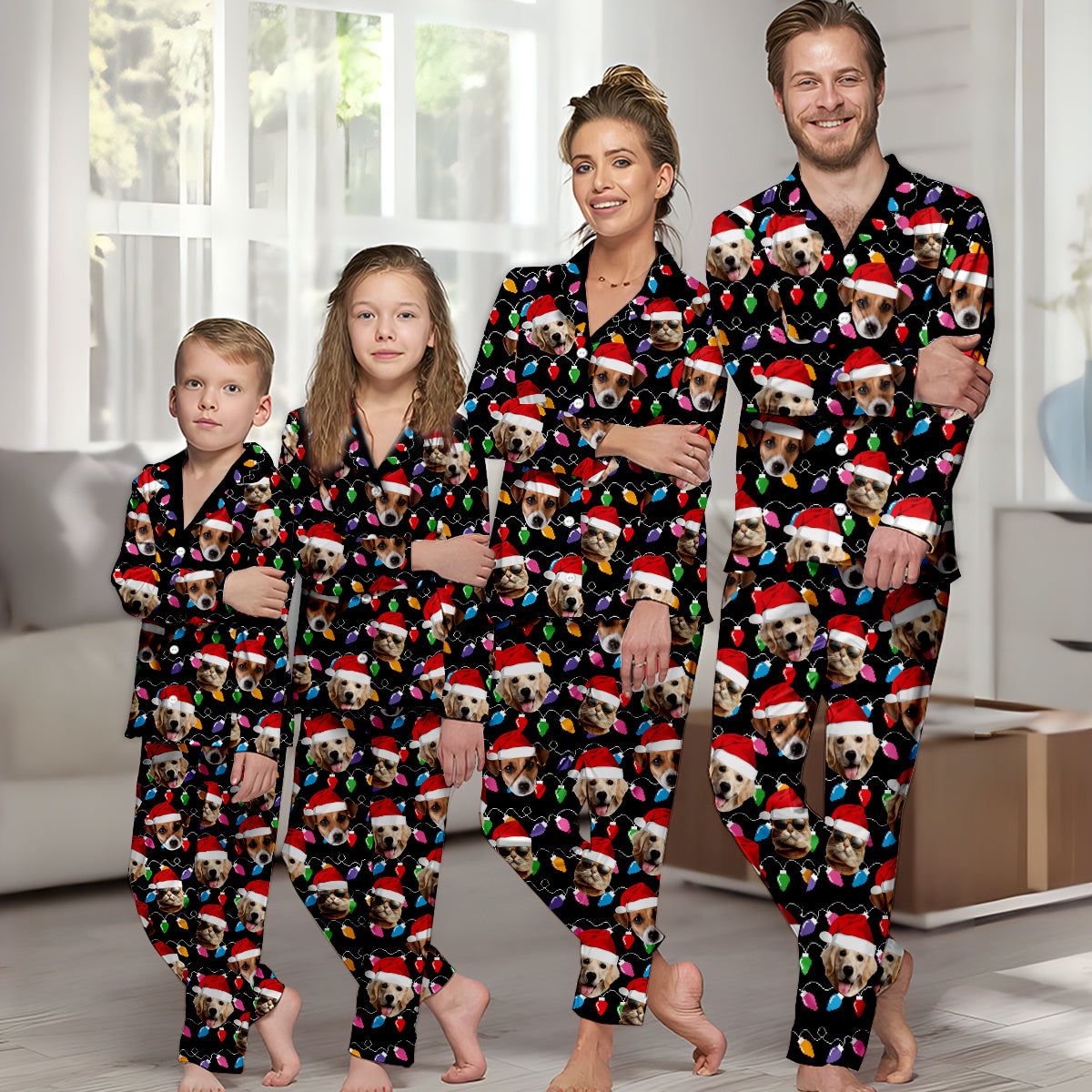 Beliebiges Foto hochladen Bunte Weihnachtsbeleuchtung - Personalisierter Hunde-Pyjama mit Knöpfen