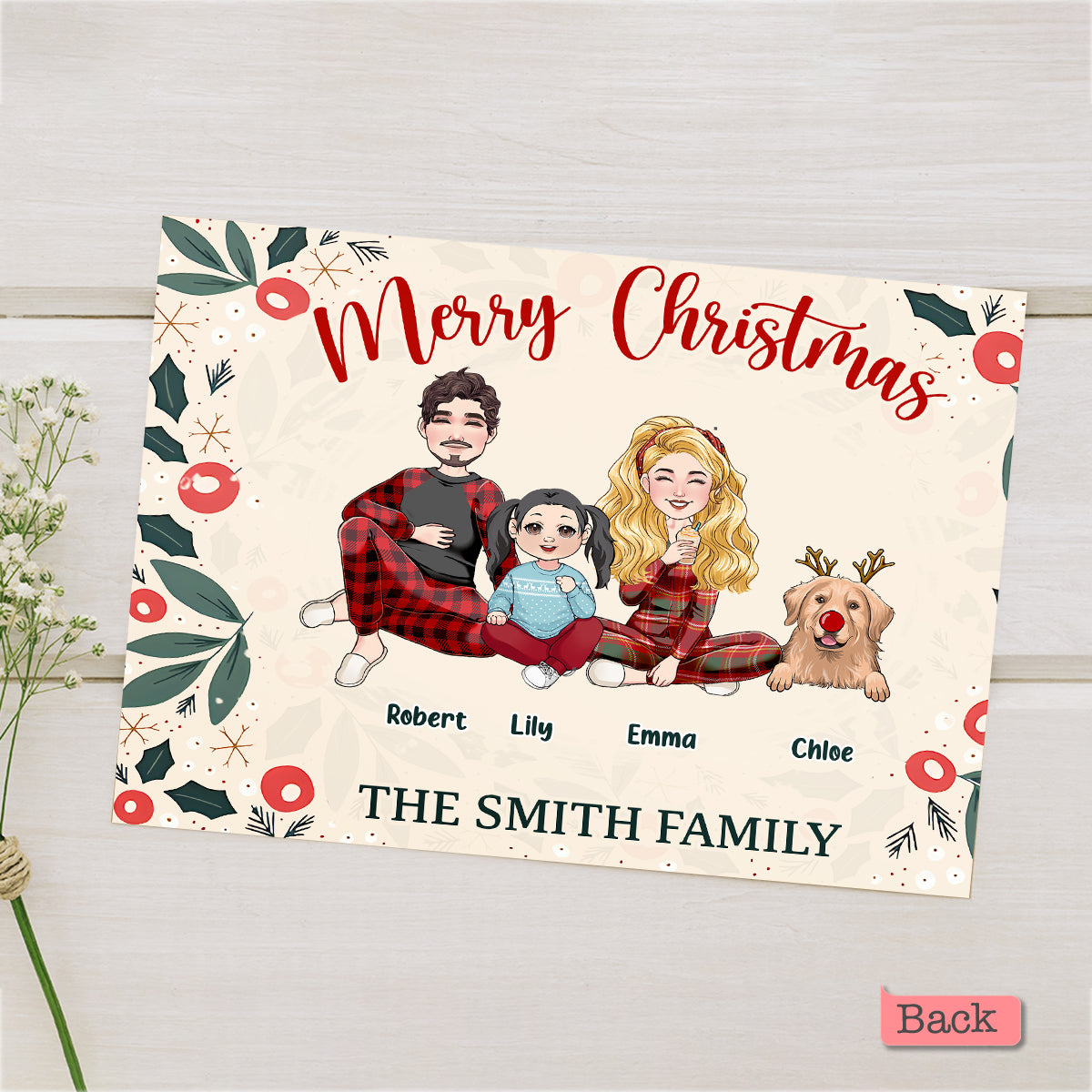 Fröhliche Weihnachten, Blätter & Beeren – Personalisierte QR-Grußkarte