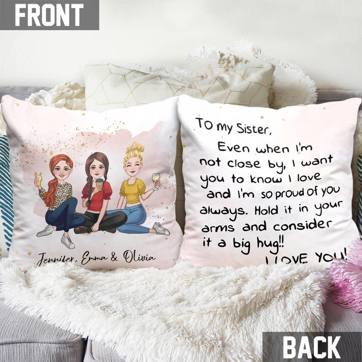 Big Hug - Personalized Sibling Throw Pillow