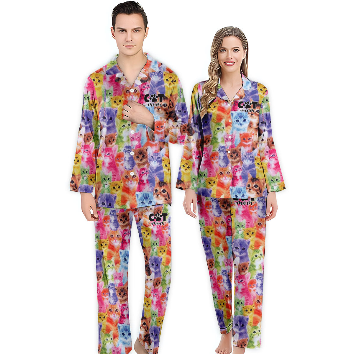 Foto-Einfügung im farbenfrohen Stil - Personalisierter Katzen-Pyjama mit Knopfleiste