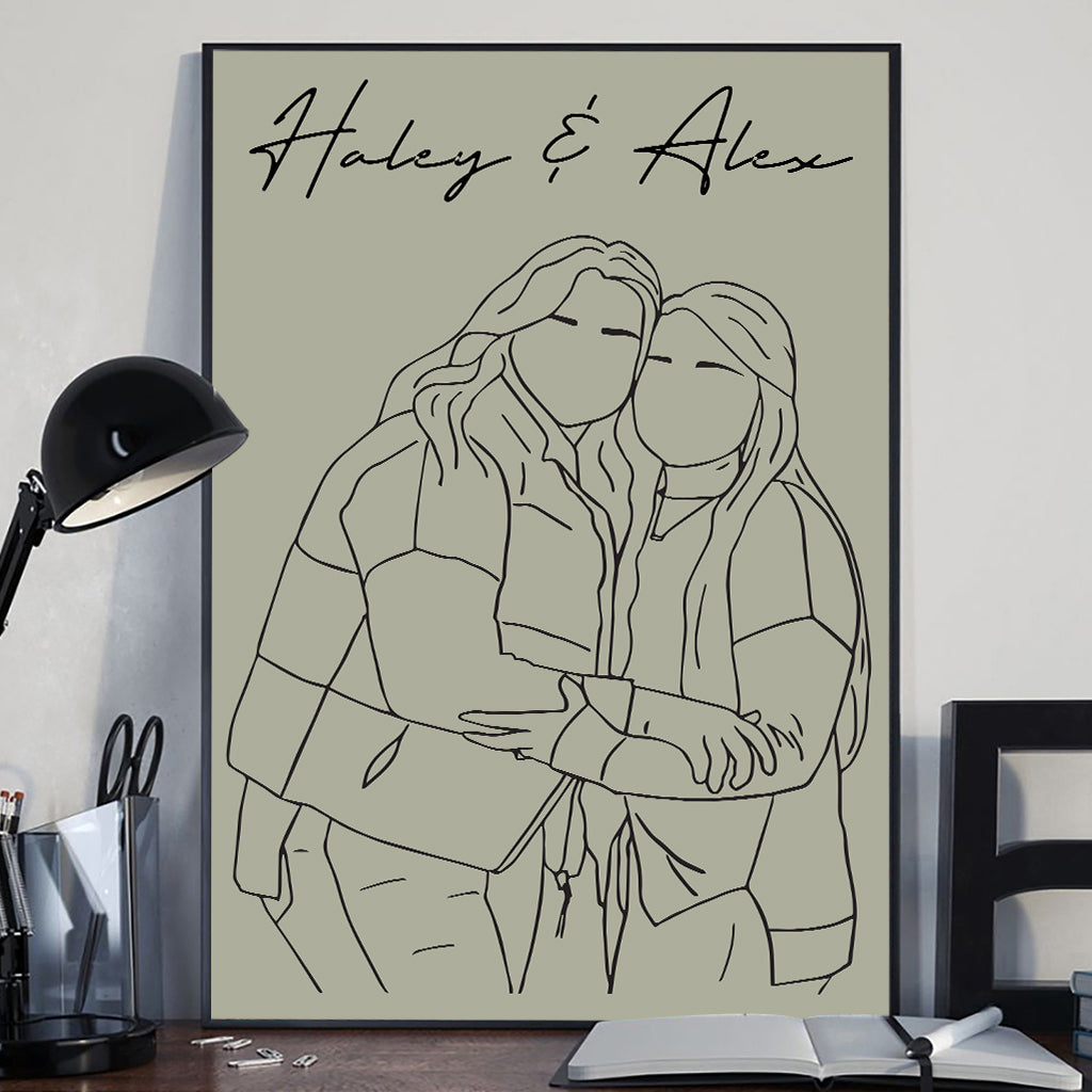 Linienkunst-Porträt – Personalisierte Leinwand und Poster für Geschwisterpaare