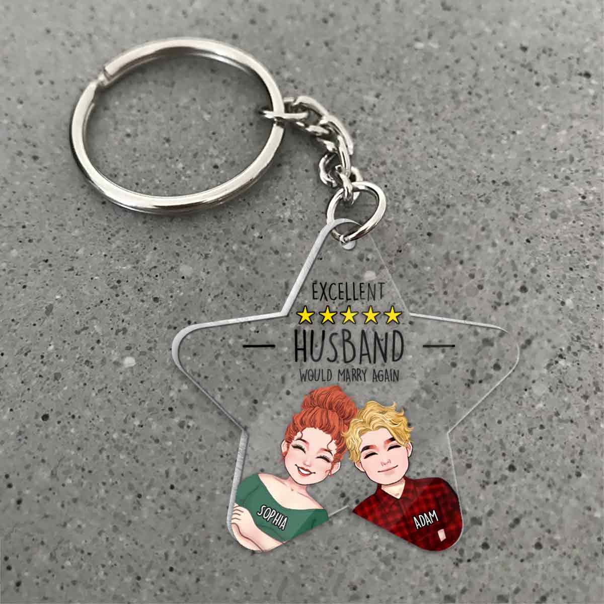 Ausgezeichnetes Ehepaar – Fünf Sterne – Personalisierter transparenter Schlüsselanhänger für Ehemann und Ehefrau