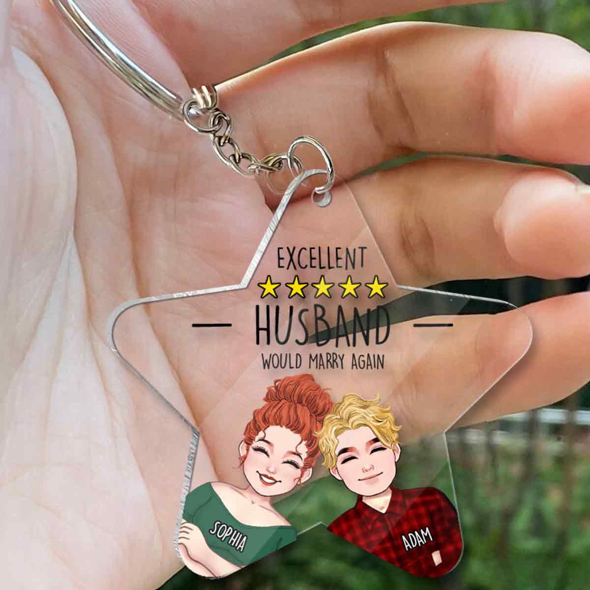 Ausgezeichnetes Ehepaar – Fünf Sterne – Personalisierter transparenter Schlüsselanhänger für Ehemann und Ehefrau