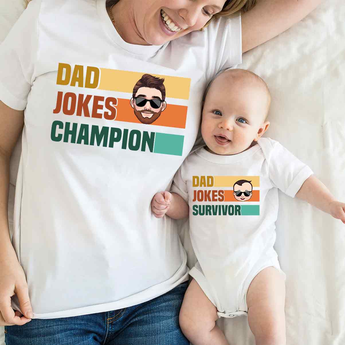 Dad Jokes Champion Survivor - Personalized Father T-shirt And Baby Onesie