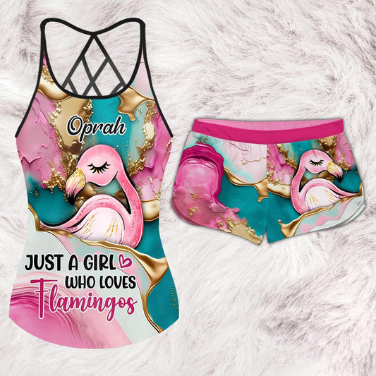 Tropical Vibes Pink Flamingo – Personalisiertes Tanktop und Shorts mit Flamingo-Kreuzmuster
