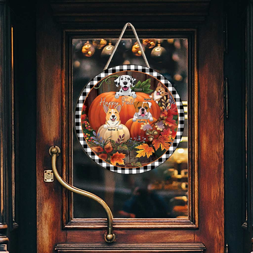 Fröhlichen Herbst – Personalisiertes rundes Holzschild mit Herbsthund