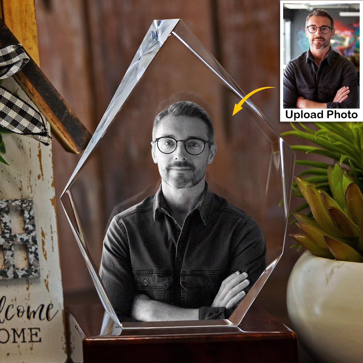 Custom Photo - Personalized Uncle Laser Engraving 3D Iceberg Shaped Crystal Lamp