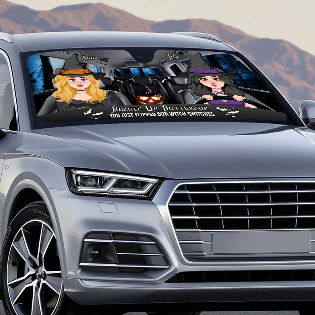 Anschnallen, Butterblume – Personalisierte Auto-Sonnenblende mit Hexenmotiv
