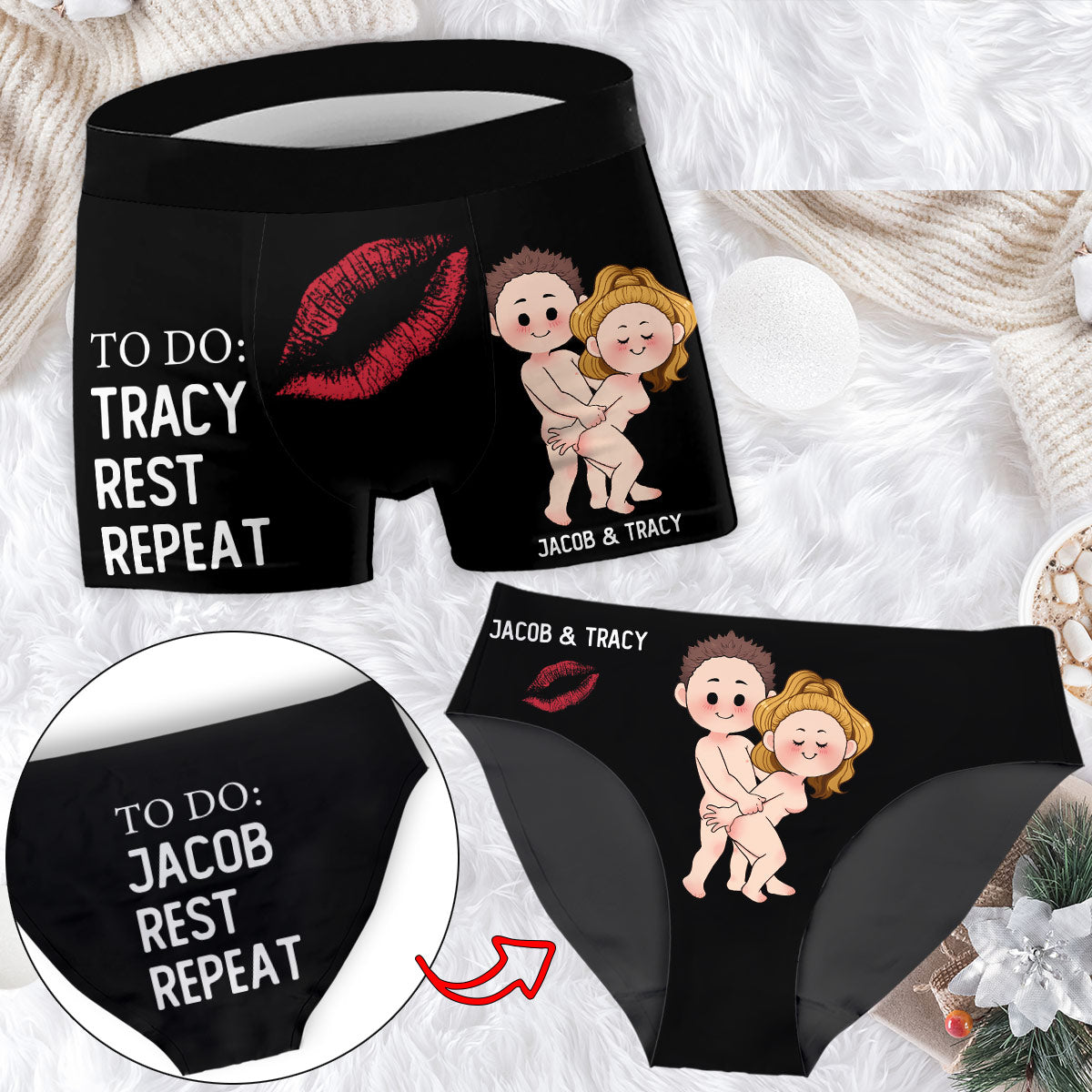 To-Do-Liste – Personalisierte Damen-Slips und Herren-Boxershorts für Paare