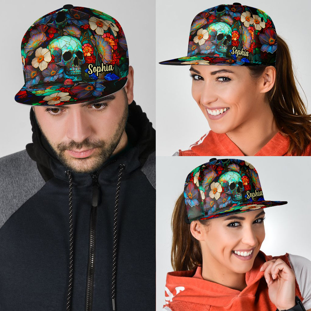 Totenkopf mit Blumenmuster – Personalisierte Totenkopf-Snapback-Kappe