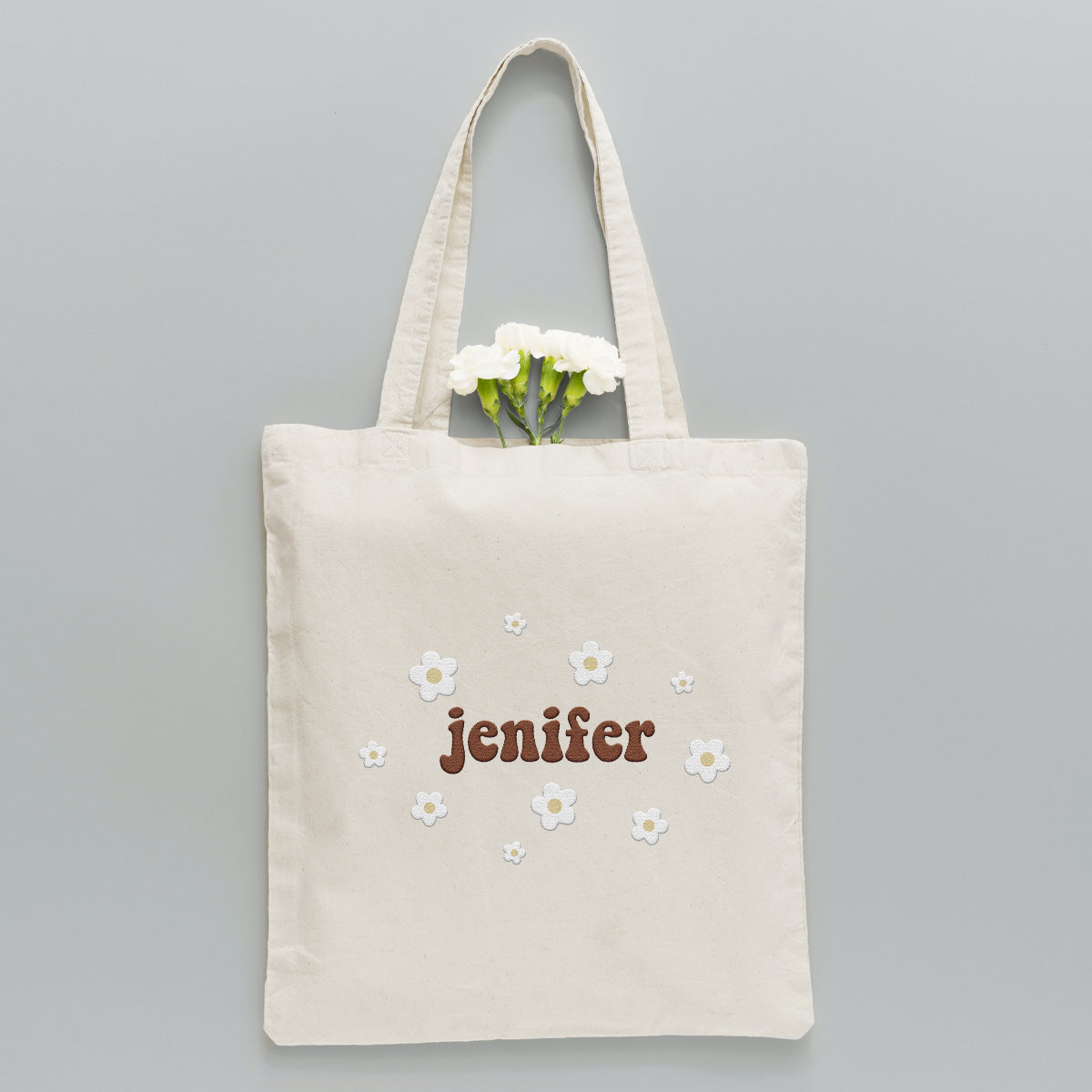 Personalisierte Tragetasche mit Namensstickerei und Blume – Geschwister-Stickerei