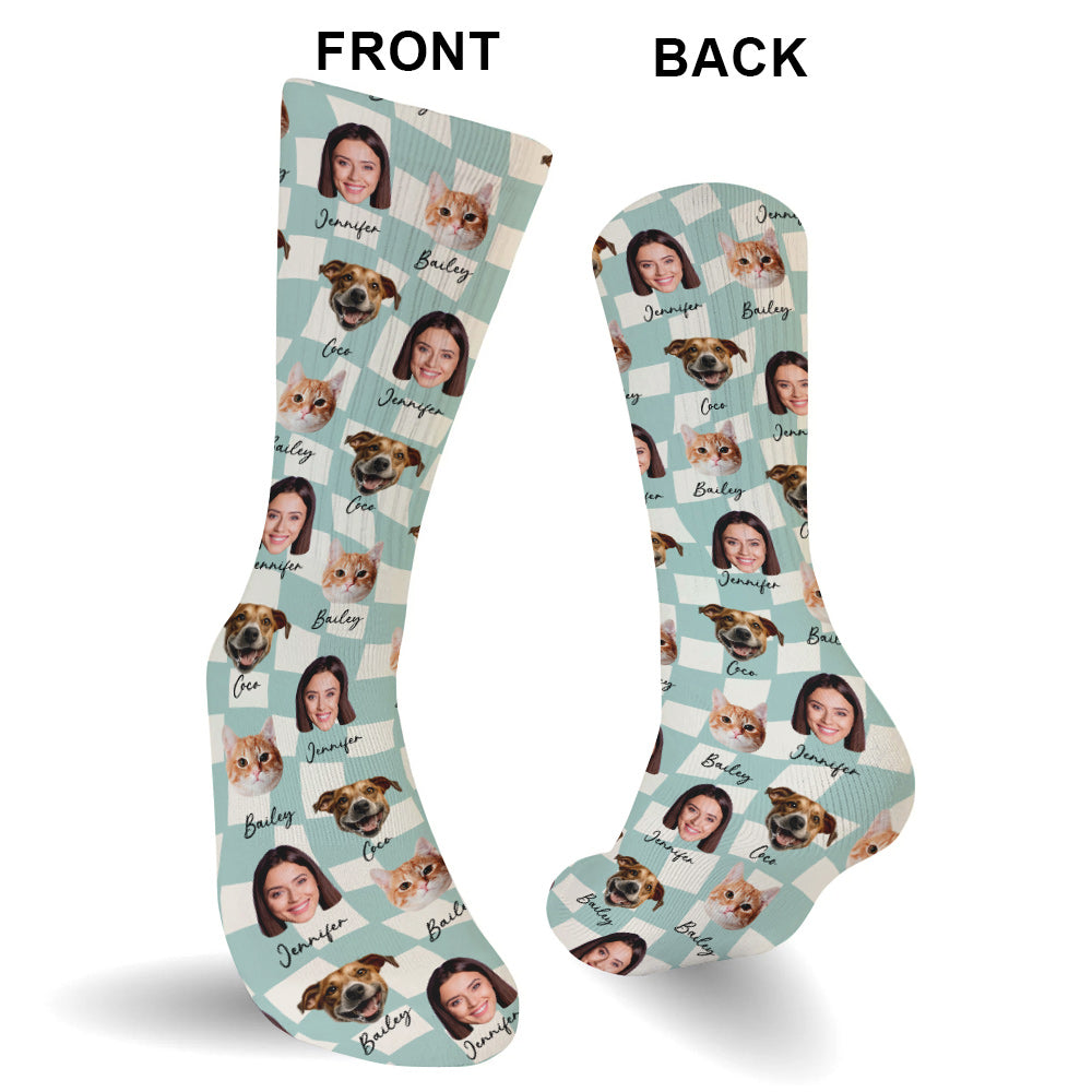 Beliebiges Foto-Upload auf kariertem Muster mit vielen Hintergrundfarben - personalisierte Katzensocken